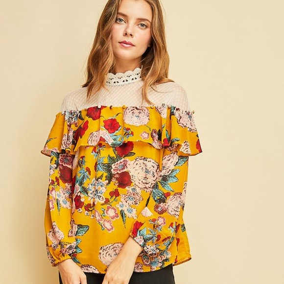 entro Tops - Entro Mustard Floral Print Scalloped Mock Neck Top